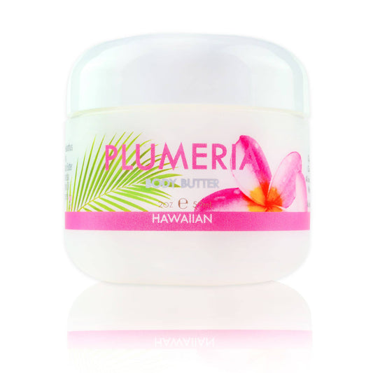 Maui Soap Co. Plumeria Body Butter with Aloe, Mac. Nut & Coconut Oil - white plumeria body butter tub with pink floral label