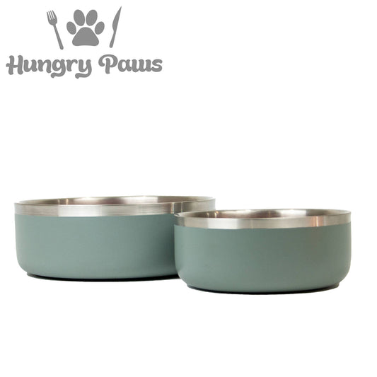 Ancol double-wall stainless steel pet bowl, two sage-green pet bowls in different sizes