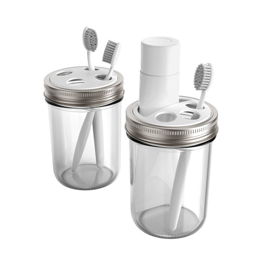 Fox Run Jarware wide-mouth mason jar toothbrush and toothpaste holder lids displayed on glass jars