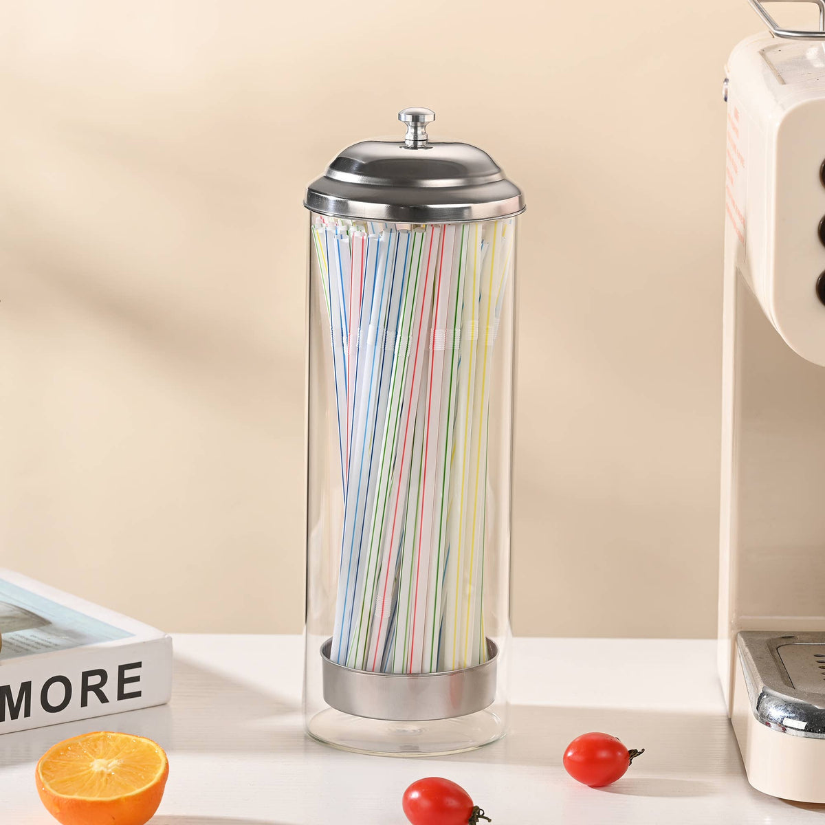 Fox Run Glass Straw Holder with Stainless Steel Lid & Lifter