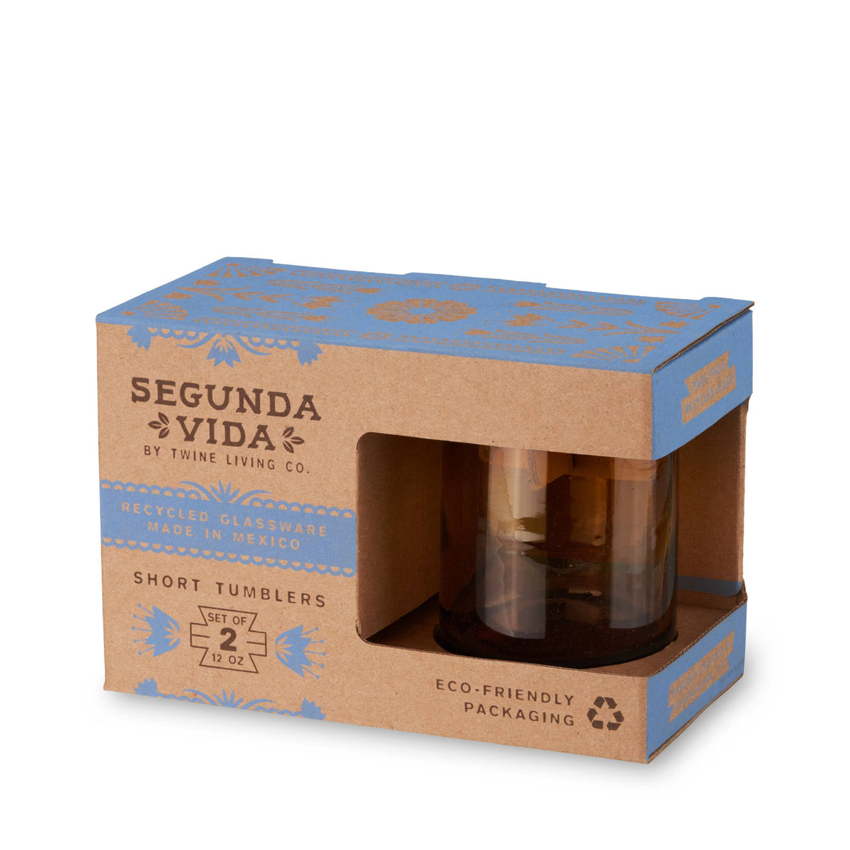Twine – Segunda Vida El Ocaso Recycled Tumblers Set of 2, retail package close-up; recycled glass