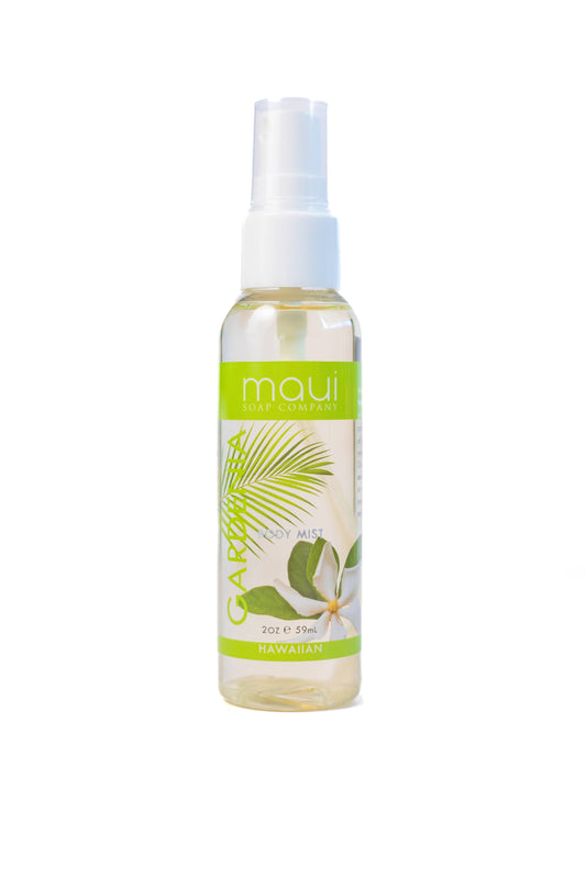 Maui Soap Co. Gardenia Hawaiian Body Mist - Alcohol-Free & Hydrating - green gardenia body mist spray bottle front