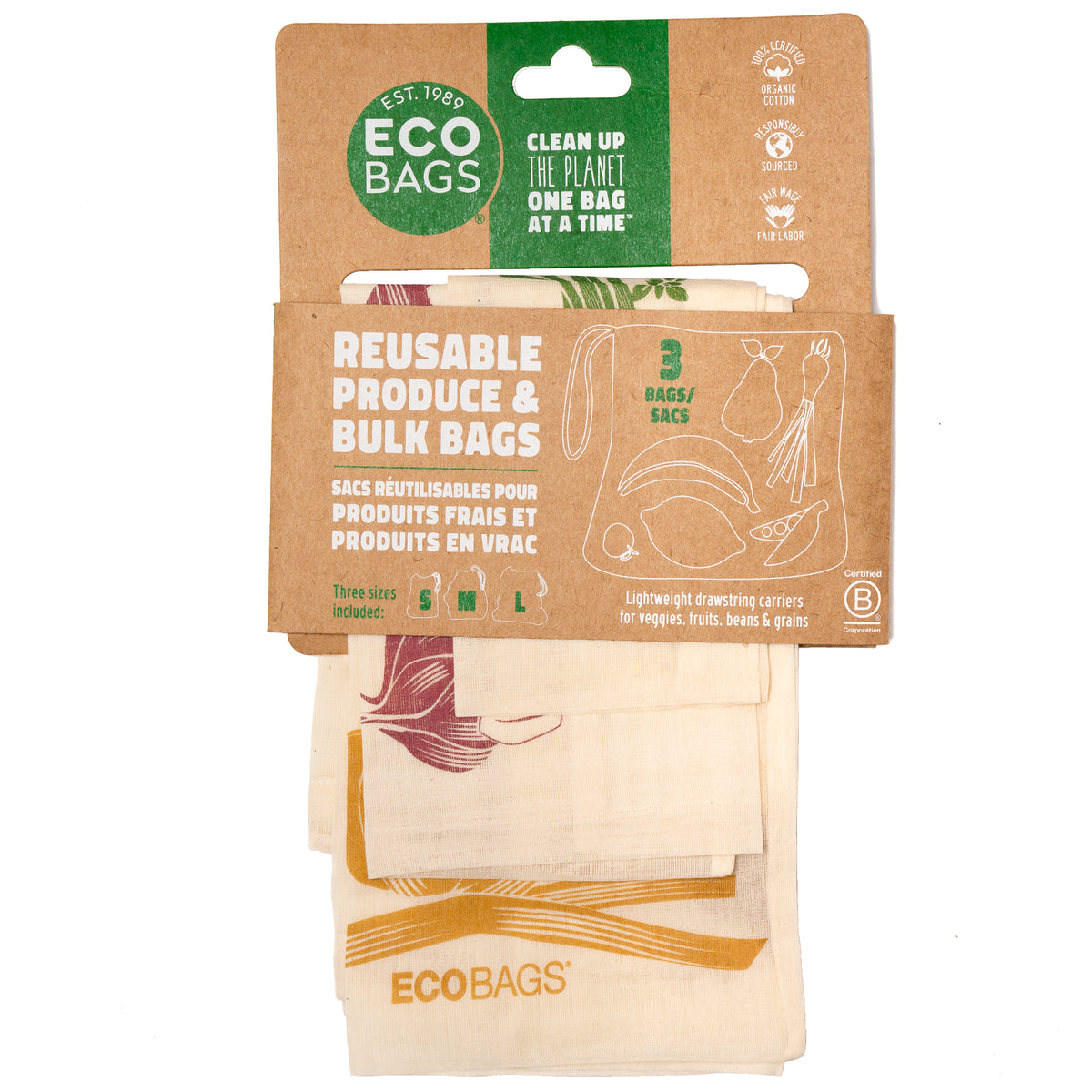Organic Cotton Printed Reusable Produce Bags - 3 Pack