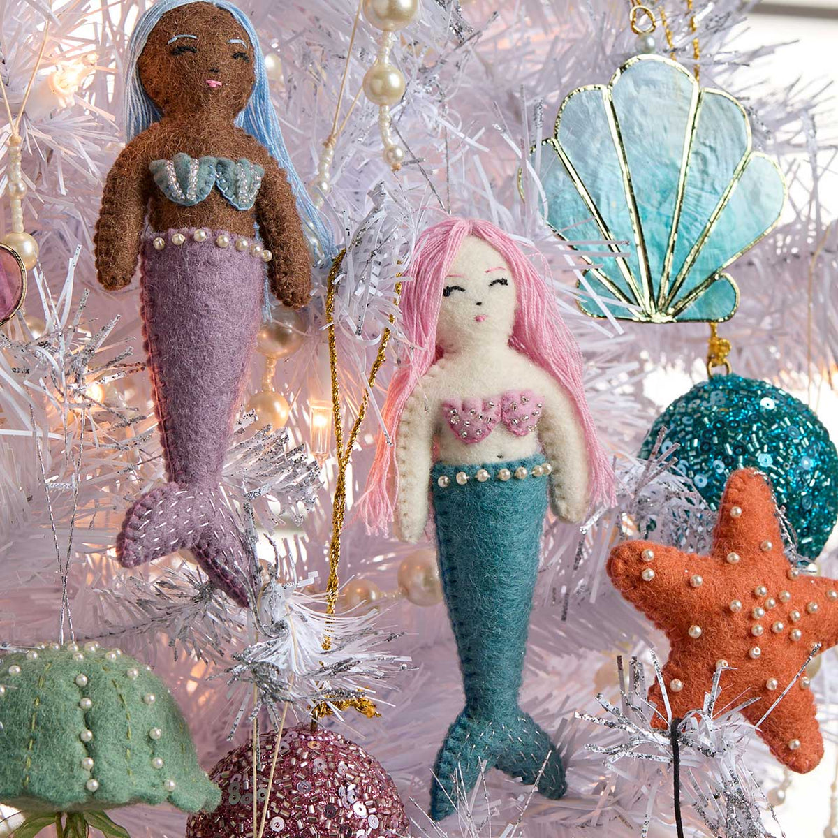 SERRV International – Sea Shimmer Aqua Mermaid Ornament, assorted styles and colors together