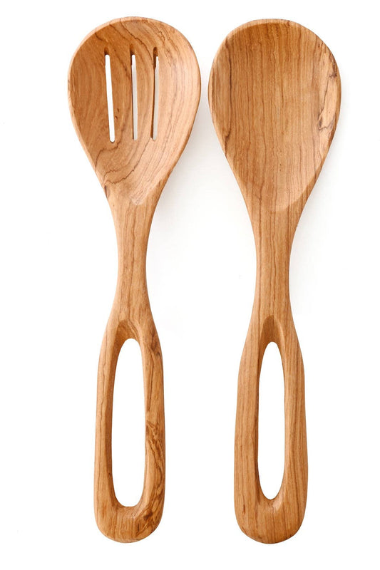 African Modern Kenyan wild olive wood salad servers — pair of looped wooden serving spoons front view