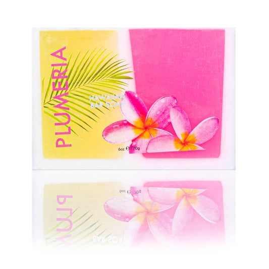Maui Soap Co. Plumeria Bar Soap with Kukui & Coconut Oil 6oz - bright pink plumeria soap front with tropical flowers; vegan