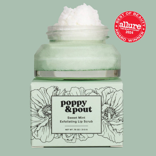 Poppy & Pout – Lip Scrub - Sweet Mint, front product and branded packaging