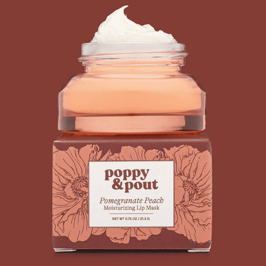 Poppy & Pout – Lip Mask - Pomegranate Peach, front product and branded packaging