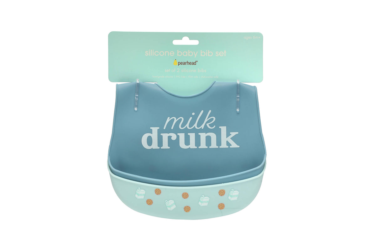 Pearhead Baby Bib Set, Milk Drunk, Silicone, Set of 2: folded textile showing fabric print