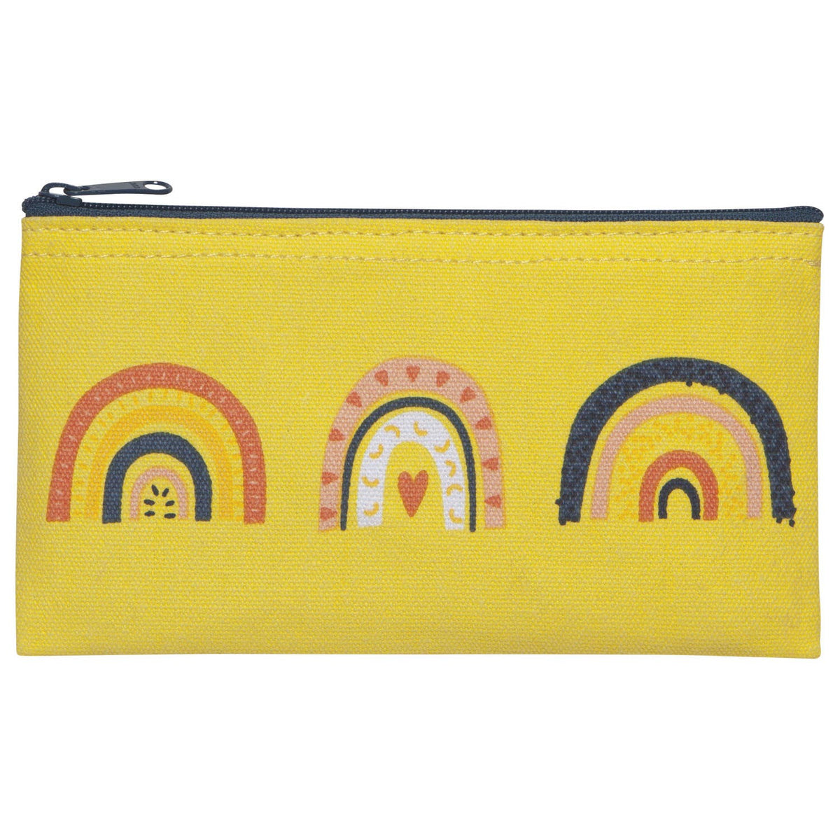 Danica Jubilee reusable rainbow-print snack bags — yellow rainbow-print zippered snack bag from front