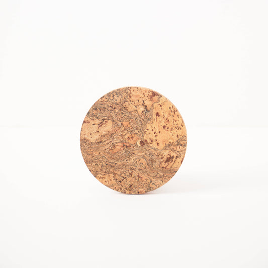 LIGA Natural Cork Coasters Round Set of 4 - single natural round cork coaster on white; biodegradable