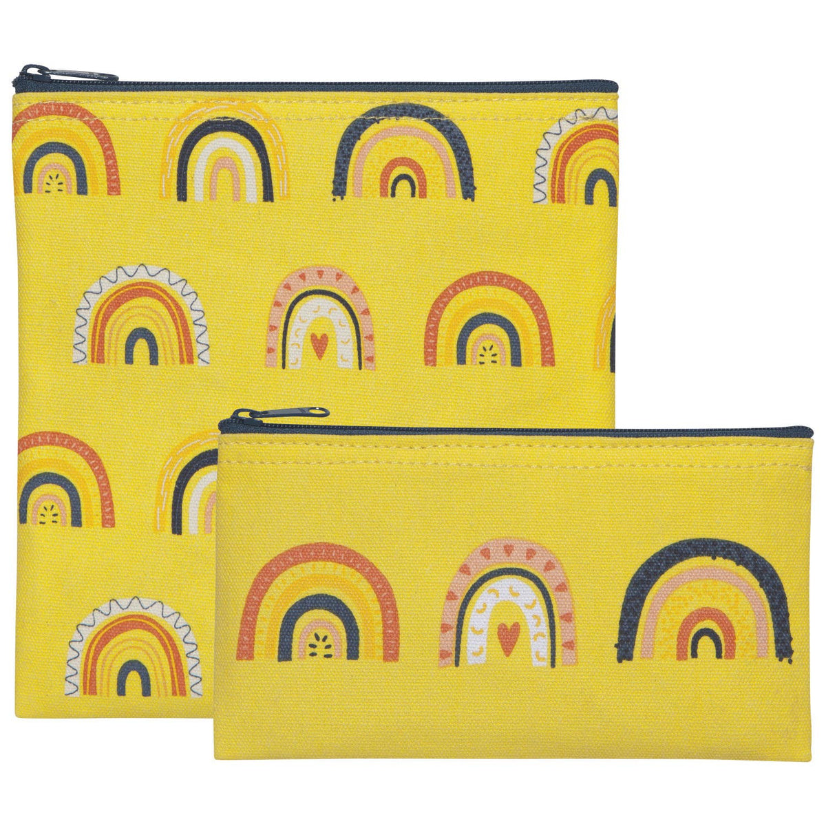 Danica Jubilee reusable rainbow-print snack bags — two yellow rainbow snack bags stacked