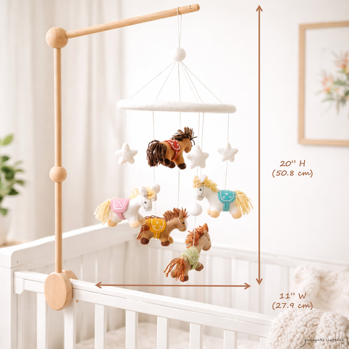 Ganapati Felt Baby Mobile - Cute Pony: detail of soft hand-sewn ponies; handcrafted wool-felt figures