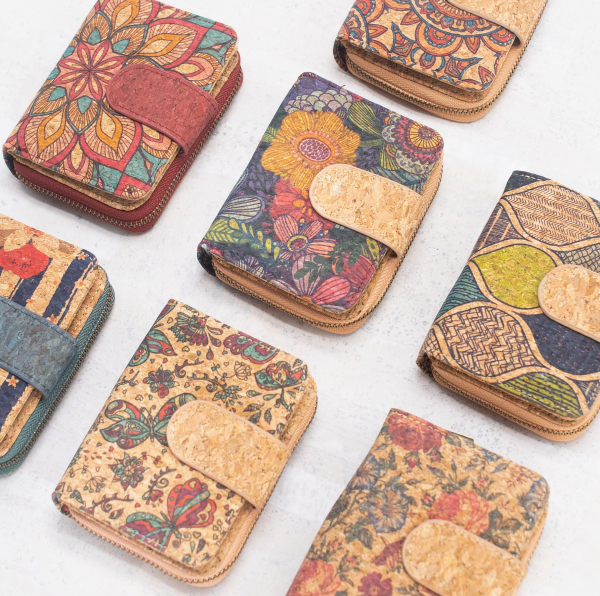 Natural Cork Printed Women's Short Card Wallet - Stripe