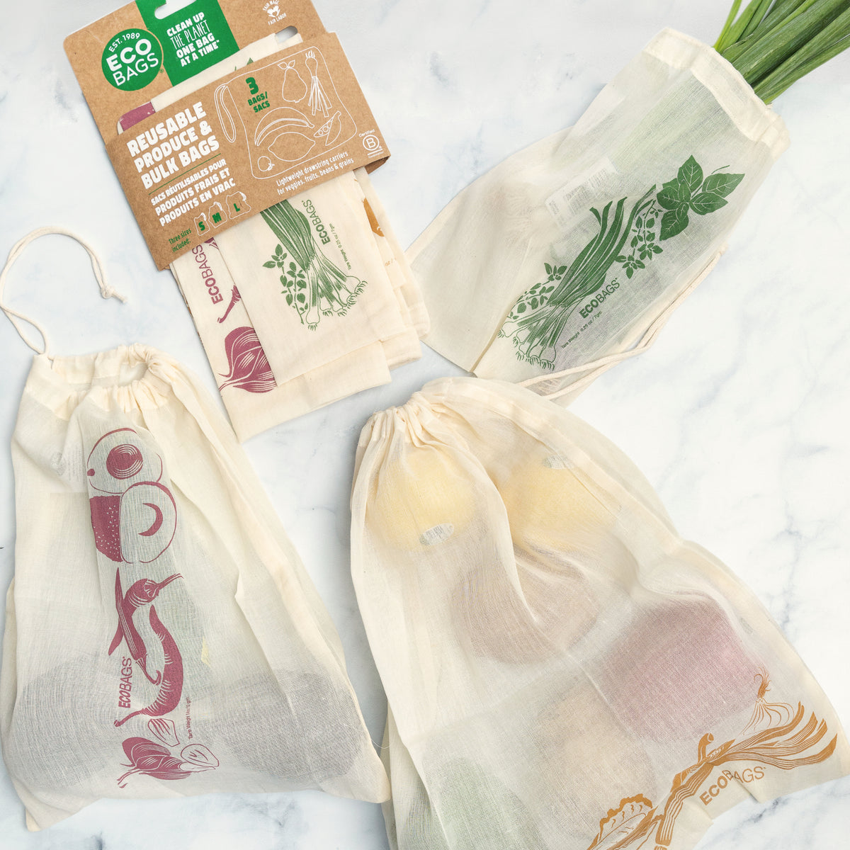 Organic Cotton Printed Reusable Produce Bags - 3 Pack