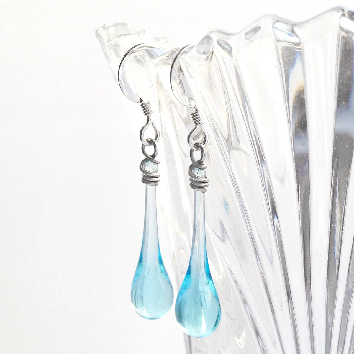 Aqua Recycled Glass Raindrop Earrings, Elegant & Ecofriendly