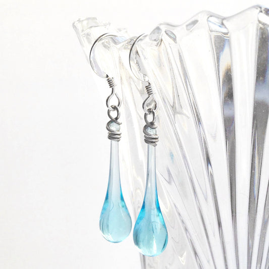 Aqua Recycled Glass Raindrop Earrings, Elegant & Ecofriendly