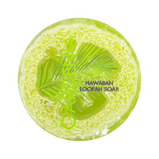 Maui Soap Co. Gardenia Sea Salt & Kukui Exfoliating Loofah Soap 4.75oz - green gardenia loofah soap overhead; vegan