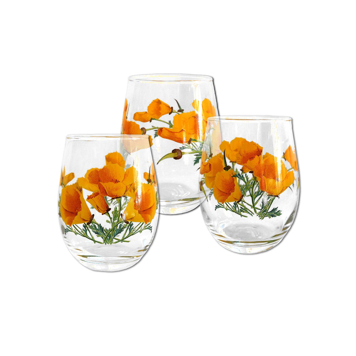 SF Mercantile – California State w/ Poppies Stemless Wine Glass 2023, assorted styles and colors together