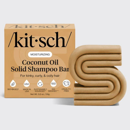KITSCH – Coconut Oil Shampoo Bar for Dry Damaged Hair, front product and branded packaging; vegan formula