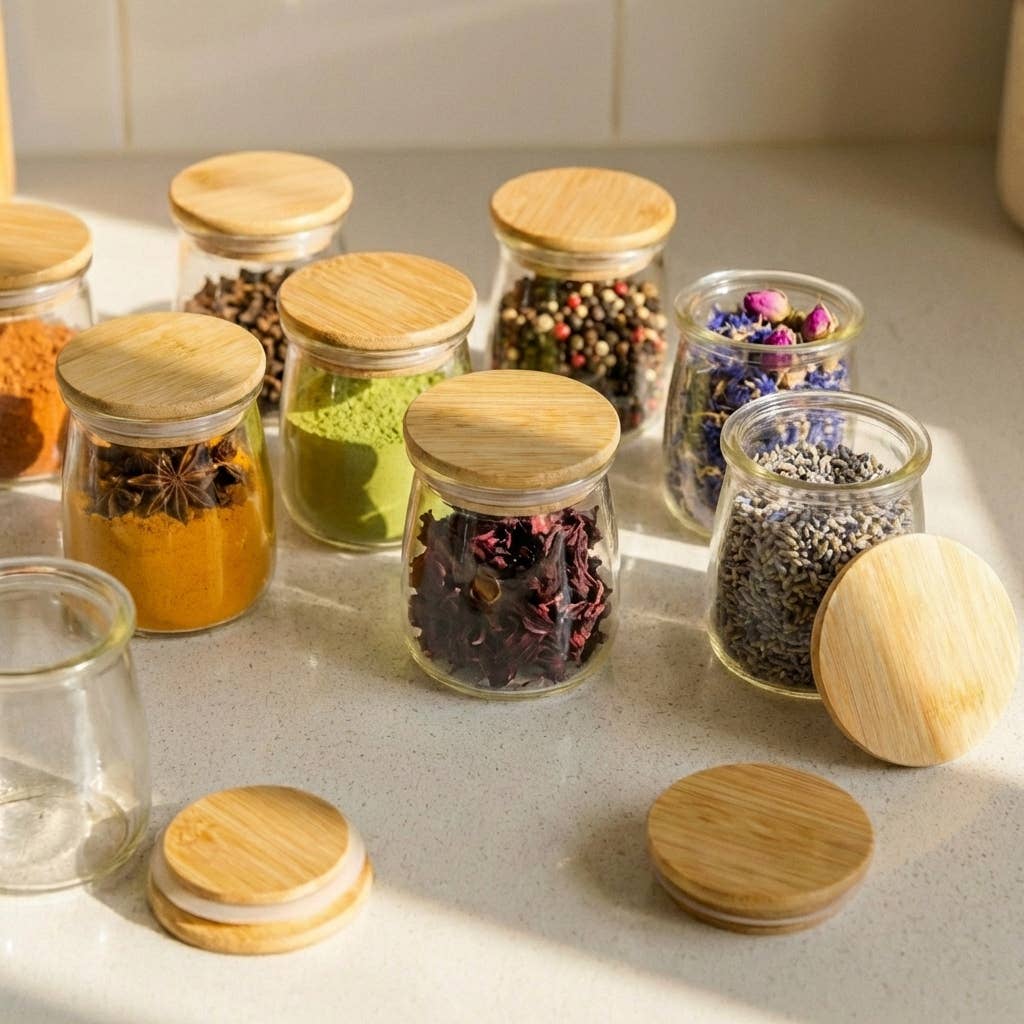 Bamboo Switch Oui Yogurt Jar Bamboo Lid - clear glass jars with bamboo lids on counter