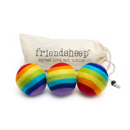 Friendsheep Rainbow Eco Wool Dryer Balls - Set of 3 - Pride - three rainbow-striped wool dryer balls with drawstring pouch