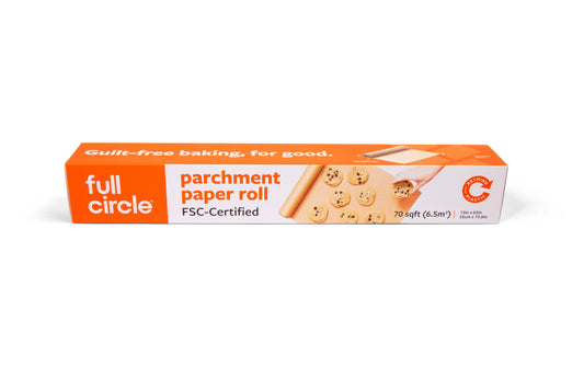 Full Circle Home Parchment Paper Roll: parchment paper photographed against white; FSC-certified wood