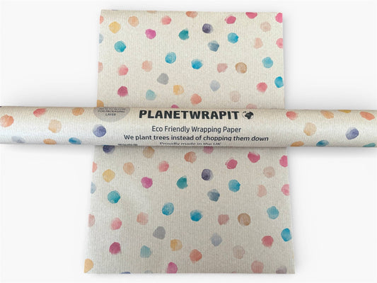 PlanetWrapIt plastic-free recycled kraft Colour Spots gift wrap, recycled kraft wrapping paper multicolor polka dots and roll