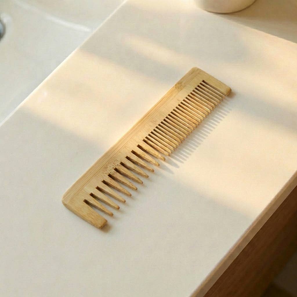 Bamboo Switch Bamboo Dual Comb - dual-tooth bamboo comb in golden sunlight