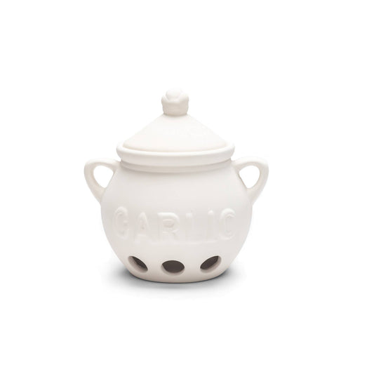 Fox Run white ceramic garlic keeper with domed lid, side handles and ventilation holes
