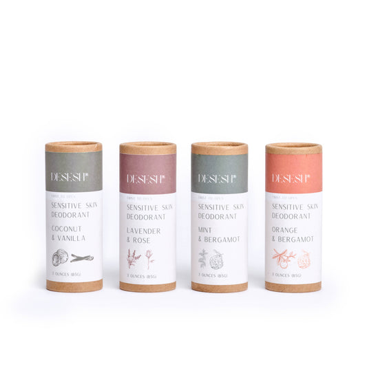 Desesh aluminum-free baking soda-free sensitive deodorant: four Desesh natural deodorant paper tubes lined up