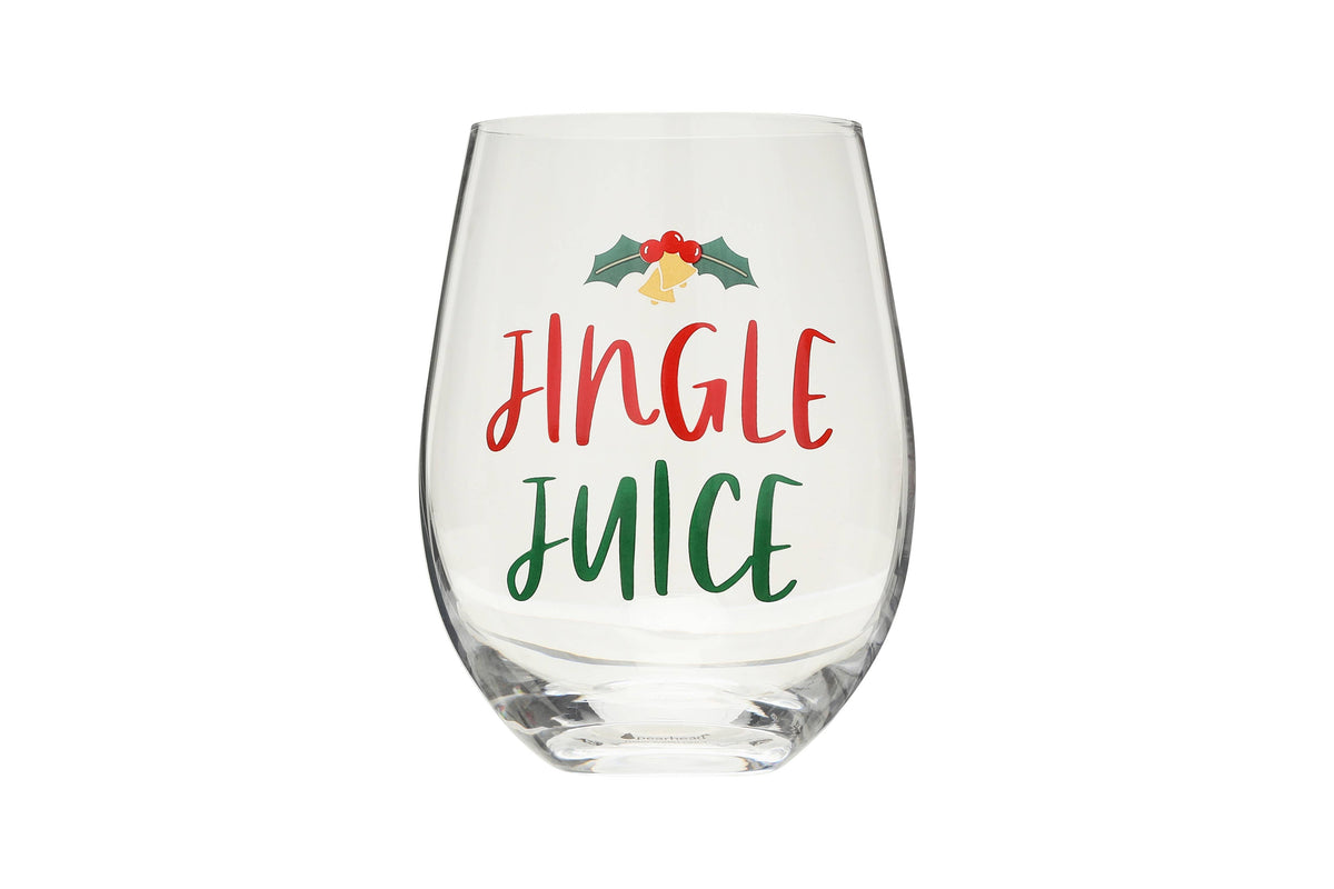 Pearhead festive Jingle Juice Christmas stemless wine glass — stemless Jingle Juice glass with holly lettering