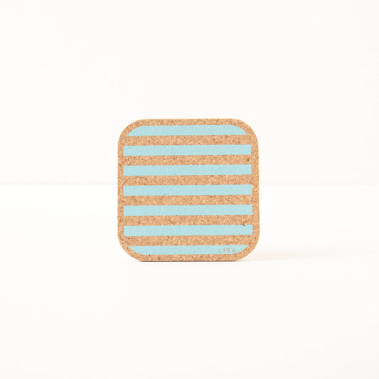 LIGA Cork Coasters Candy Stripes - Blue Set of 4 - single square cork coaster with blue and orange stripes; biodegradable