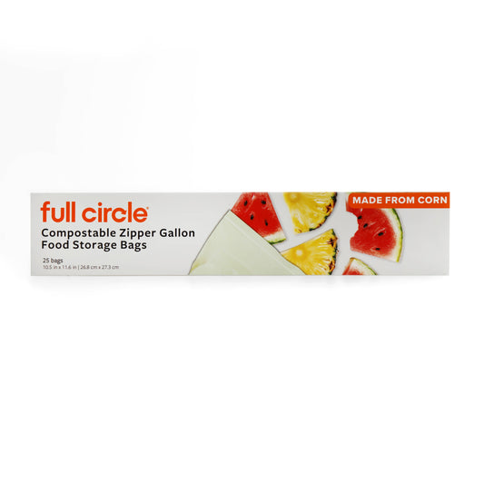 Full Circle Home Compostable Zipper Bags: home item shown against a pale background; plant-based formula