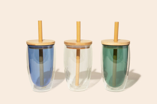 Bamboo Switch Reusable Glass Tumbler Cup + Bamboo Straw - blue green and clear tumblers with bamboo lids and straws