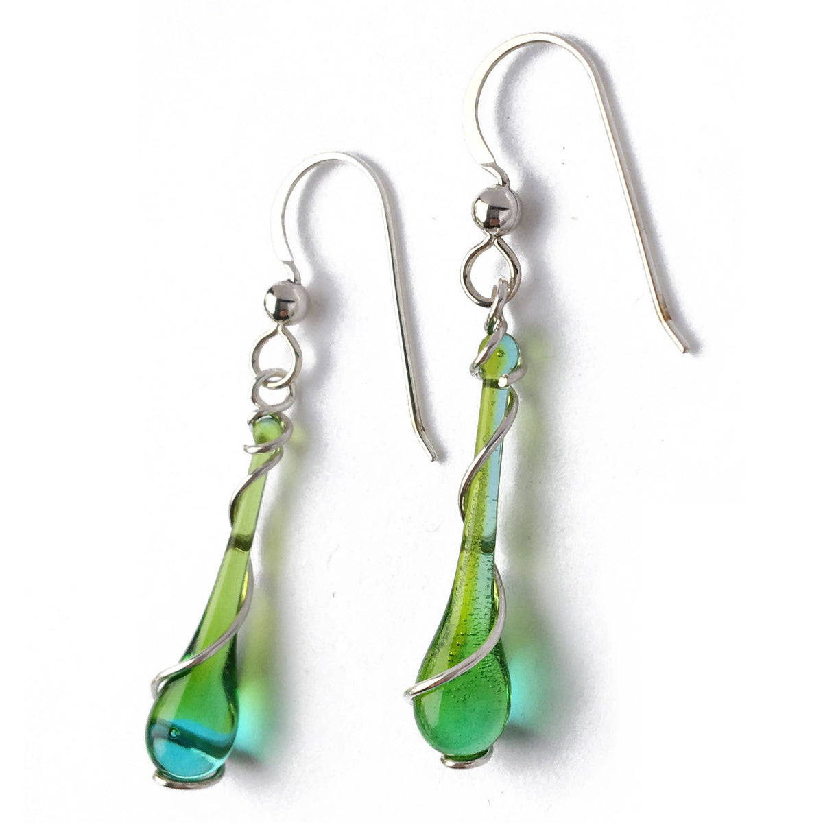 Colorful Glass Teardrop Earrings with Recycled Silver Spiral