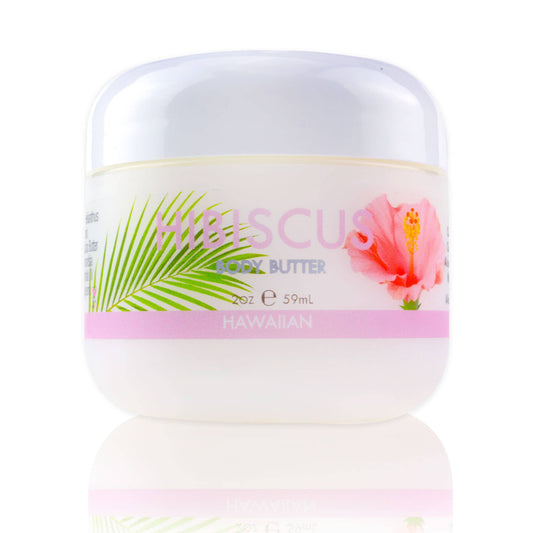 Maui Soap Co. Hibiscus Body Butter with Aloe, Mac. Nut & Coconut - white hibiscus body butter tub with tropical flower label