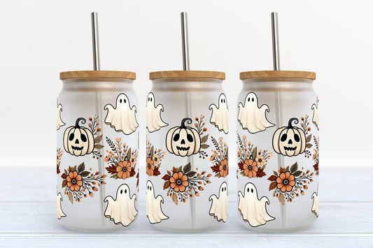 Kate Haven – Ghost Pumpkin Flower 16oz Frosted Libbey Glass Tumbler, assorted styles and colors together; bamboo cup lid