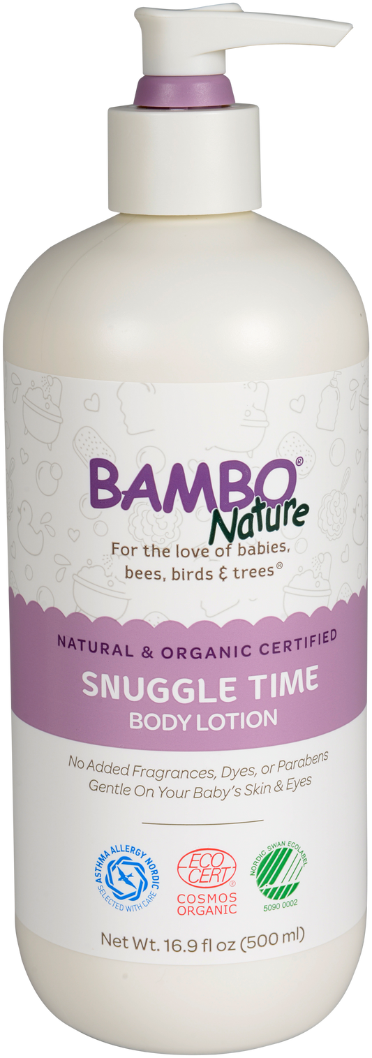 Bambo Nature Snuggle Time baby body lotion with certified organic ingredients in white pump bottle