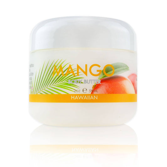 Maui Soap Co. Mango Body Butter with Aloe, - white body butter jar with orange mango label and tropical fruit illustration