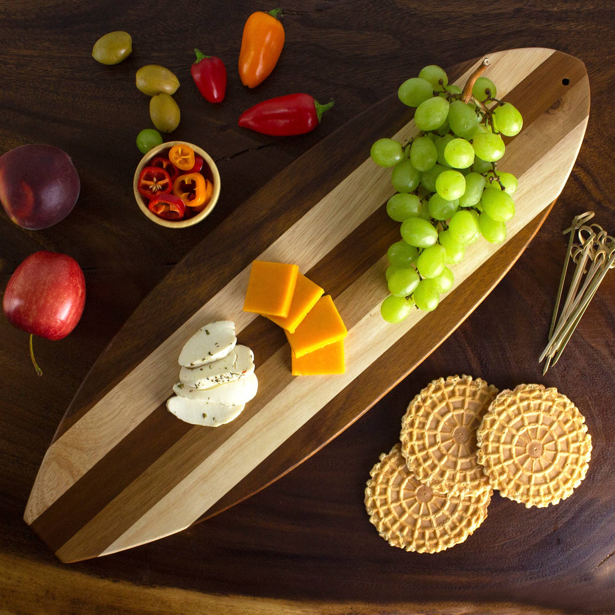 Totally Bamboo Rock & Branch Shiplap Series Surfboard Serving Board - cheese and olives served on surfboard platter