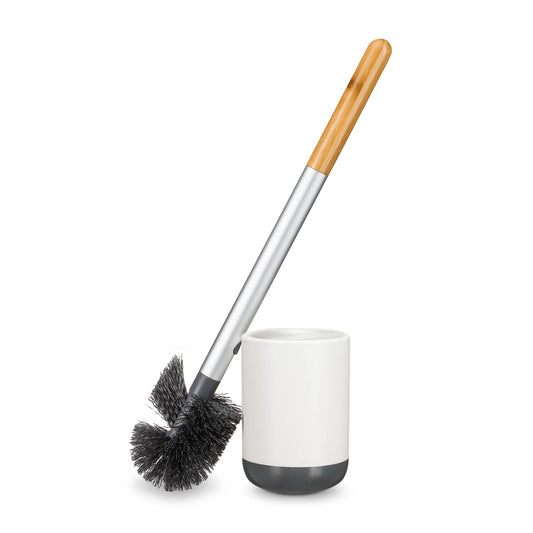 Full Circle Home recycled aluminum and bamboo Scrub Queen toilet brush — long-handled black brush beside white ceramic holder