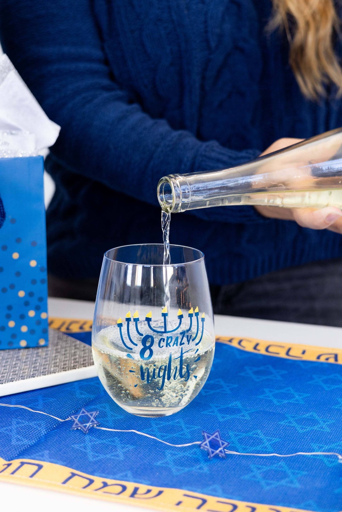 8 Crazy Nights Menorah Hanukkah Stemless Wine Glass