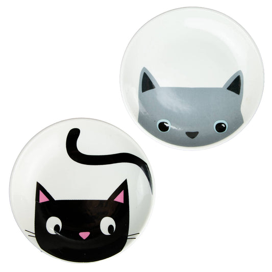 Ancol shallow ceramic round cat feeding dish, white and black cat-face feeding dishes stacked