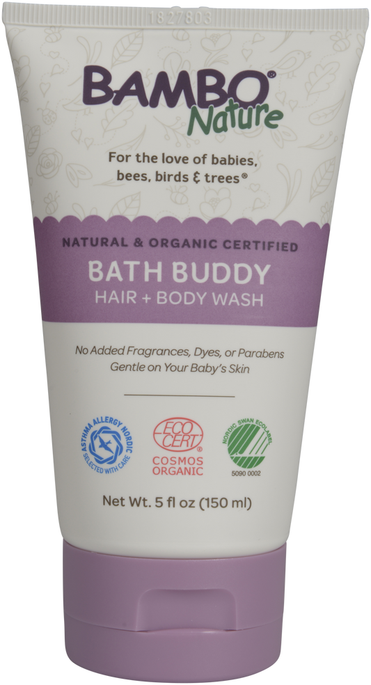 Bambo Nature Bath Buddy vegan baby hair and body wash with certified organic ingredients in purple tube