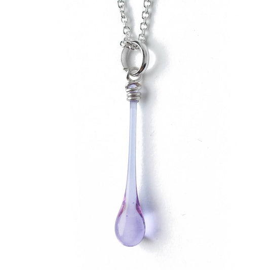 Sundrop Jewelry – Maressa Glass Teardrop Pendant Necklace, lilac color option in a product photo; recycled silver