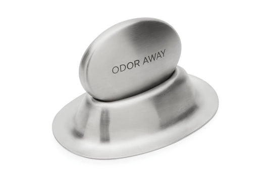 Fox Run Brands stainless steel odor-removing hand soap bar, oval steel odor-remover bar on counter
