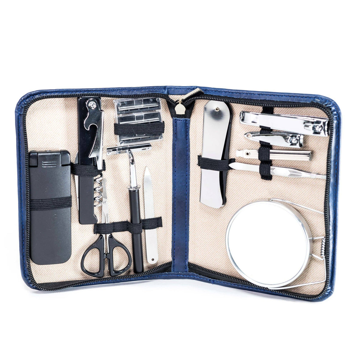 Mad Man compact men's grooming travel kit, open blue-trim travel kit with scissors and nail accessories