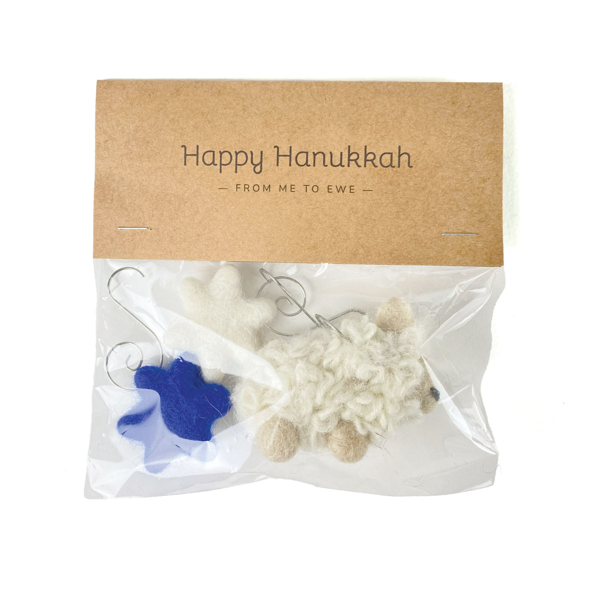 Sheep Farm Felt Ornament Gift Set Happy Hanukkah - packaged white and blue felt ornaments with kraft paper tag