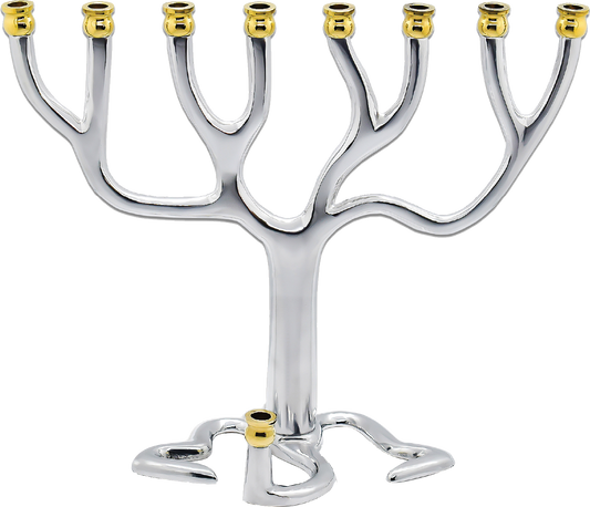 Tree of life Menorah - Silvertone Gold Tip - 9 Inches
